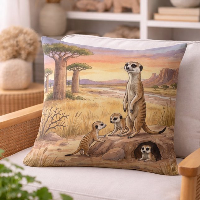 Meerkat Mama And Pups Safari Animals  Throw Pillow (Creator Uploaded)