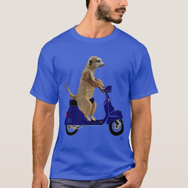 Meerkat on Dark Blue Moped T-Shirt (Front)