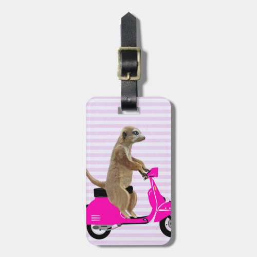 Meerkat on Pink Moped 2 Luggage Tag