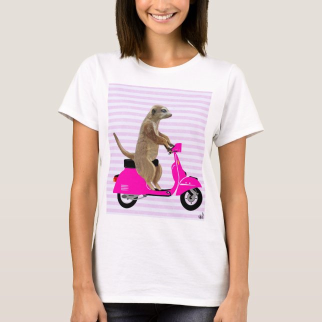 Meerkat on Pink Moped 2 T-Shirt (Front)
