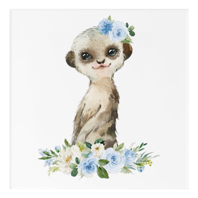 Meerkat, Safari, Jungle, Blue Flowers, Boy Nursery Acrylic Print (Front)
