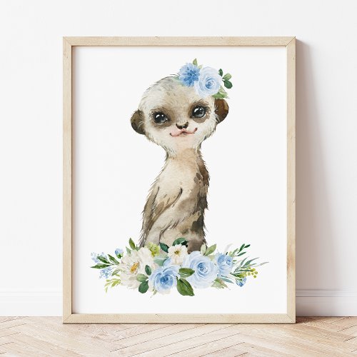 Meerkat Safari Jungle Blue Flowers Boy Nursery Poster