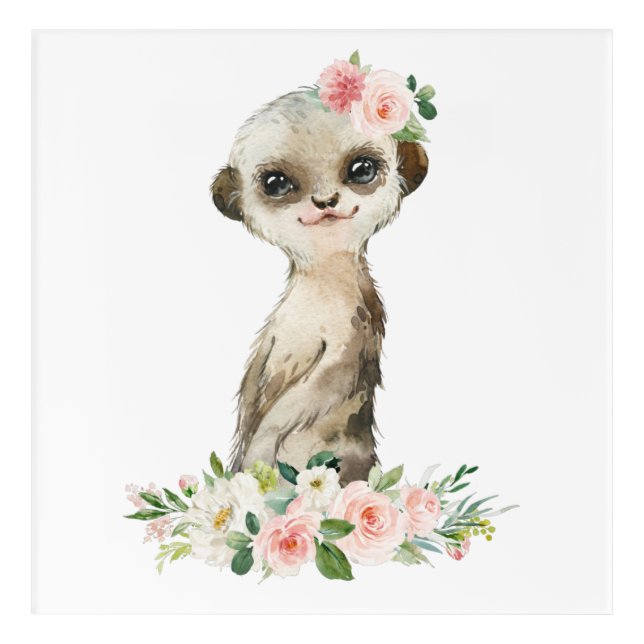 Meerkat, Safari, Pink Flowers, Girl Nursery Acrylic Print (Front)