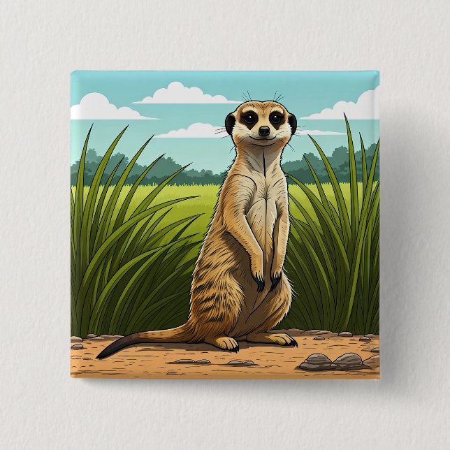 Meerkat standing alert in a field of grass button (Front)