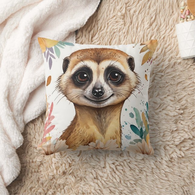 Meerkat Vintage Floral Print Throw Pillow (Blanket)