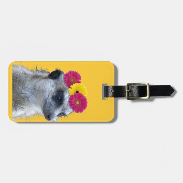Meerkat with 3 bright gerber daisies luggage tag (Front Horizontal)