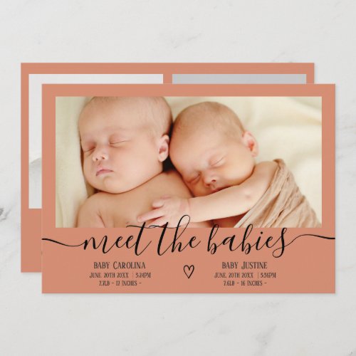 Meet babies script boho 3 photo baby twins birth announcement