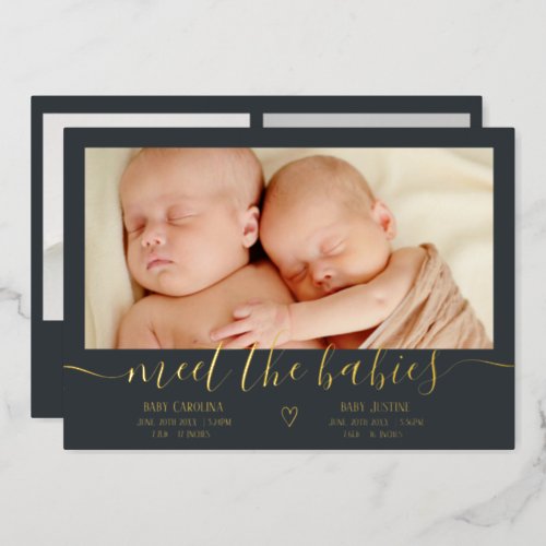 Meet babies script gold 3 photo baby twins birth foil invitation