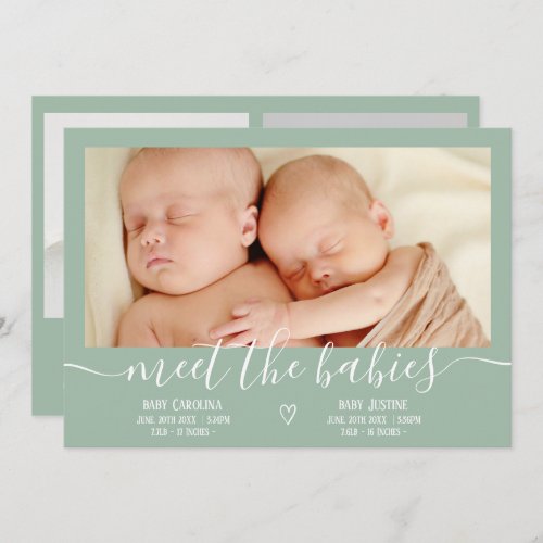 Meet babies script green 3 photo baby twins birth announcement