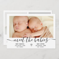 Meet babies script heart 3 photo baby twins birth announcement