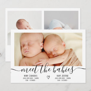 Meet babies script heart 3 photo baby twins birth announcement