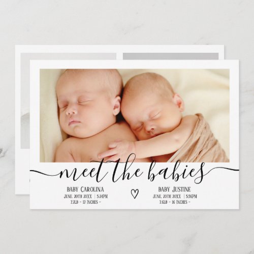 Meet babies script heart 3 photo baby twins birth announcement