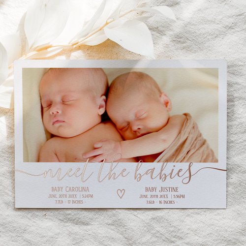 Meet babies script heart 3 photo baby twins birth foil invitation