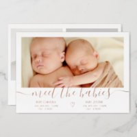 Meet babies script heart 3 photo baby twins birth foil invitation