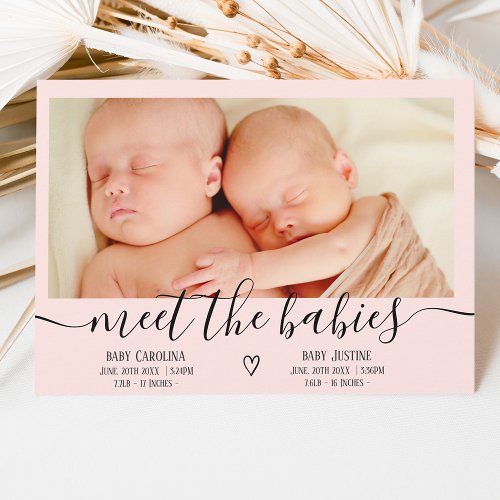 Meet babies script pink 3 photo baby twins birth announcement
