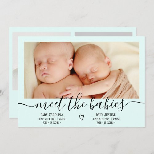 Meet babies script teal 3 photo baby twins birth announcement