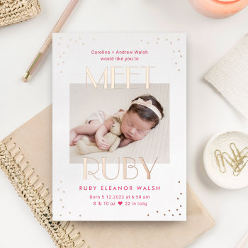 Meet Baby Foil Modern Baby Birth Announcement by berryberrysweet at Zazzle