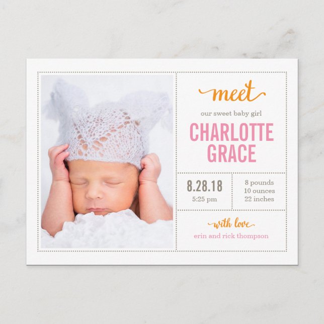 MEET HER Modern Birth Announcement Postcard (Front)