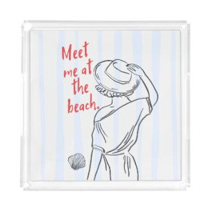 Meet Me At The Beach Blue Striped Beach Lovers Acrylic Tray