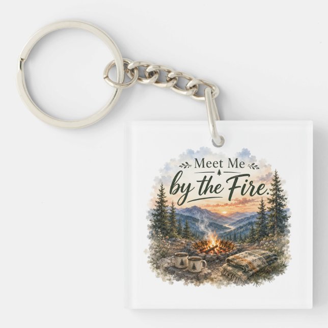 Meet Me by the Fire Mountain Campfire Sunset Keychain (Front)