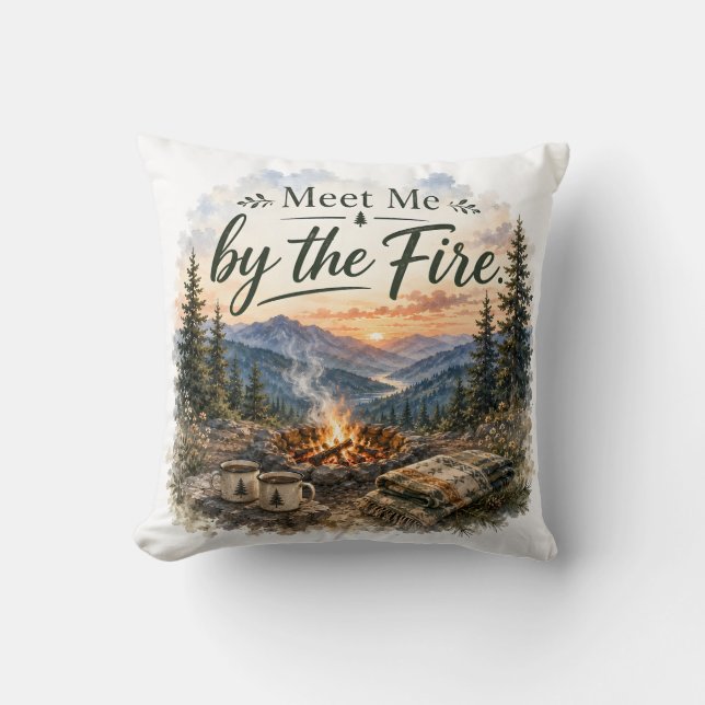 Meet Me by the Fire Mountain Campfire Sunset Throw Pillow (Front)