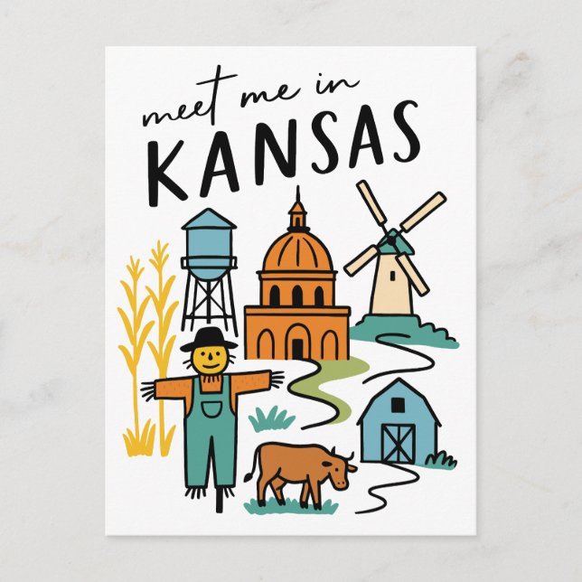 Meet Me In Kansas Retro Farm Scarecrow Windmill Postcard (Front)