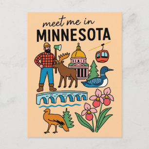 Meet Me In Minnesota Loon Moose Lumberjack Icons Postcard