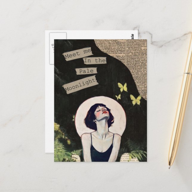 Meet Me in the Pale Moonlight Mixed Media Collage Postcard (Front/Back In Situ)