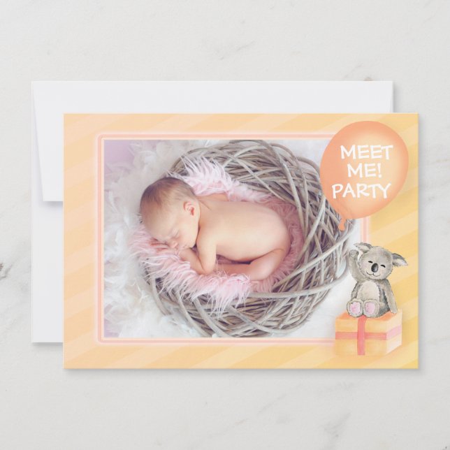 Meet me new baby announcement orange koala card (Front)