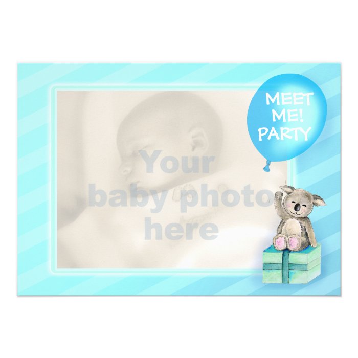 Meet me new baby boy koala party invite blue