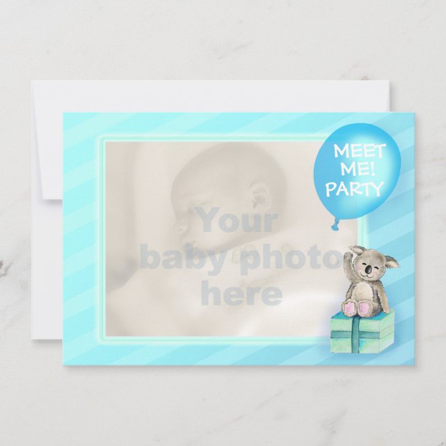 Meet me new baby boy koala party invite blue (Front)
