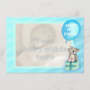 Meet me new baby boy koala party invite blue