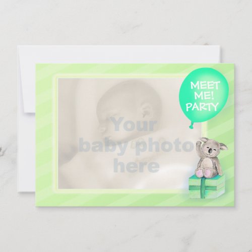 Meet me new baby koala party invite mint green