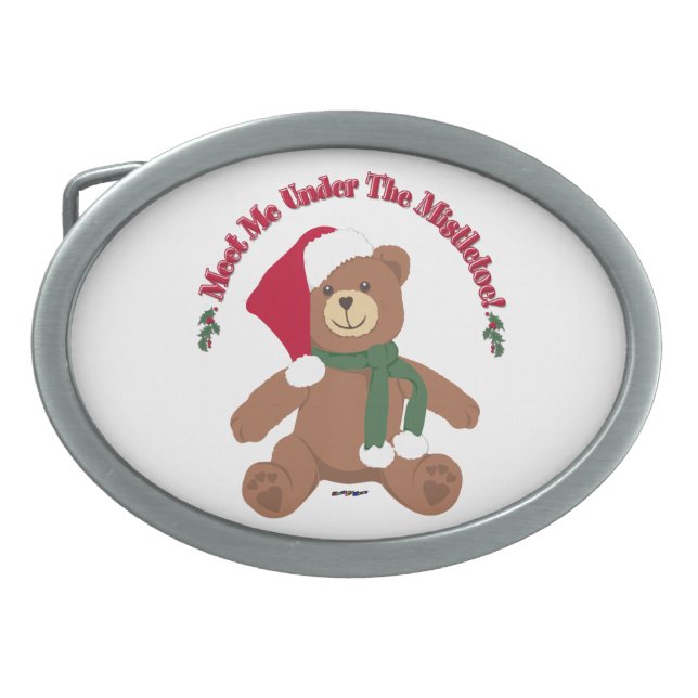 Meet Me Under The Mistletoe! Christmas Teddy Bear Belt Buckle (Front)