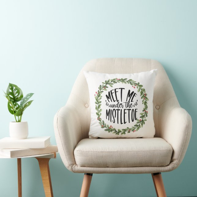 Meet Me Under the Mistletoe Watercolor Wreath Throw Pillow (Chair)