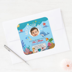Meet Our Boy Baby Shower Invitation-Under the Sea Square Sticker
