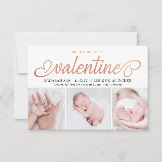 Meet Our Little Valentine 3 Photo Birth Baby Announcement (Front)