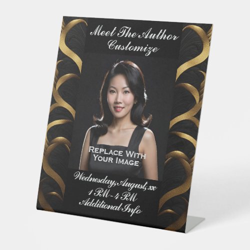 Meet The Author Black And Gold Border Pedestal Sign