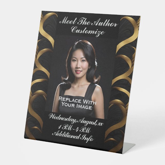 Meet The Author Black And Gold Border Pedestal Sign (Front)