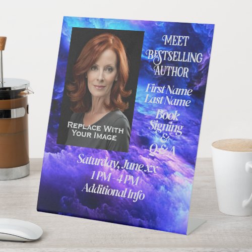 Meet The Author Clouds Background Pedestal Sign