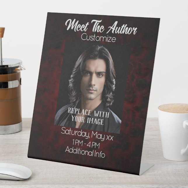 Meet The Author Dark Crimson Pedestal Sign (In SItu)