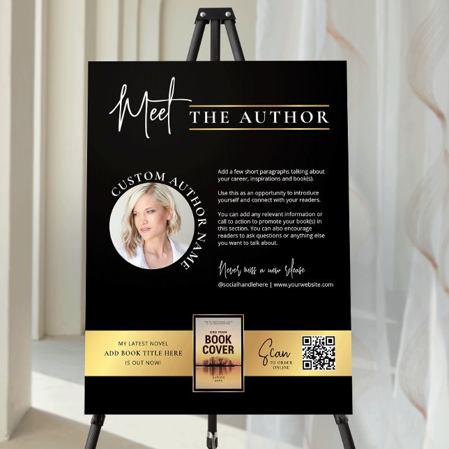 Meet The Author Photo Book Signing Black & Gold Foam Board (Modern black and gold meet the author foam board sign design with your custom photos and text)