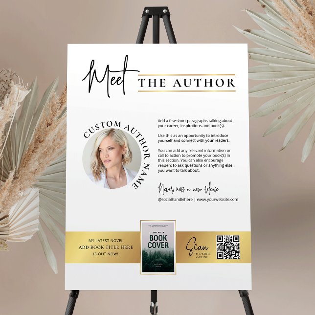 Meet The Author Photo Book Signing Faux Gold Sign (Elegant meet the author sign design in white and faux gold with your custom book and author photos)