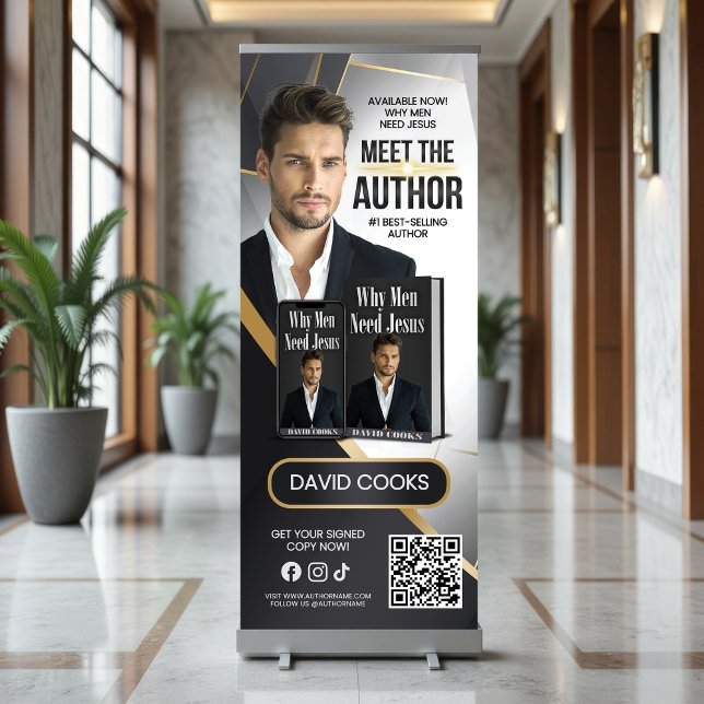 Meet The Author: Soft Grey & Gold Abstract Lines  Retractable Banner (Creator Uploaded)