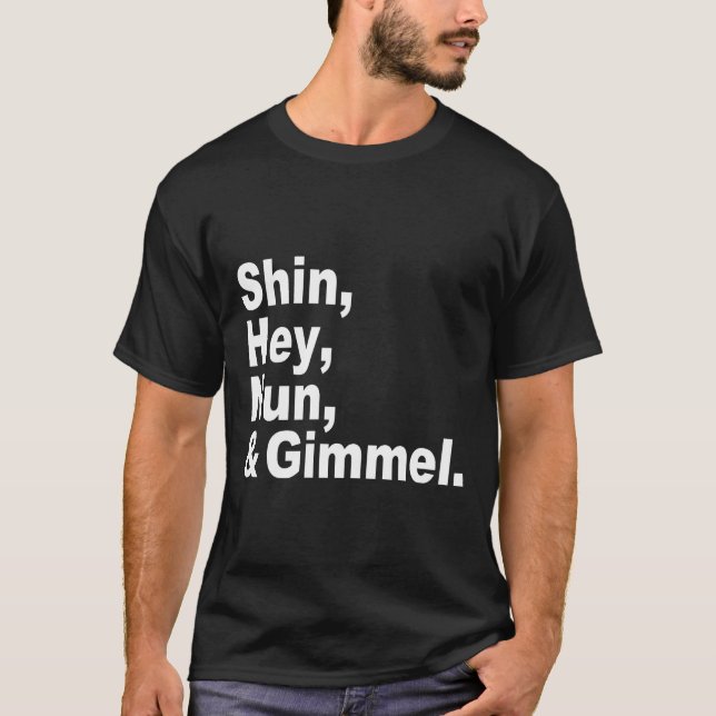 Meet The Dreidels: Shin, Hey, Nun, & Gimmel T-Shirt (Front)