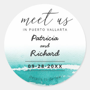 Meet Us In Destination Wedding Teal Save The Date Classic Round Sticker