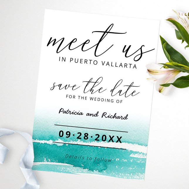 Meet Us In Destination Wedding Teal Save The Date Invitation (Creator Uploaded)