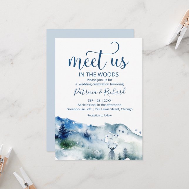 Meet Us In The Woods Forest Outdoor Wedding Invitation (Front/Back In Situ)