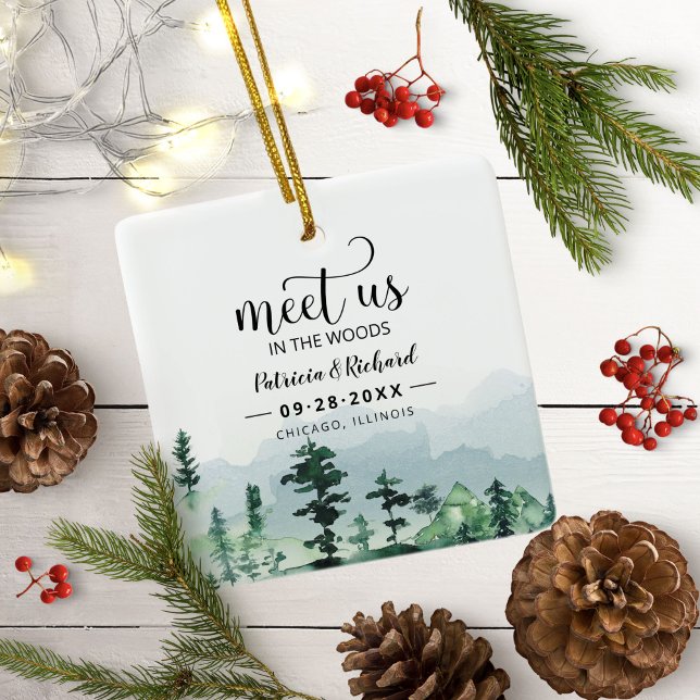 Meet Us In The Woods Outdoor Wedding Save The Date Ceramic Ornament (Creator Uploaded)