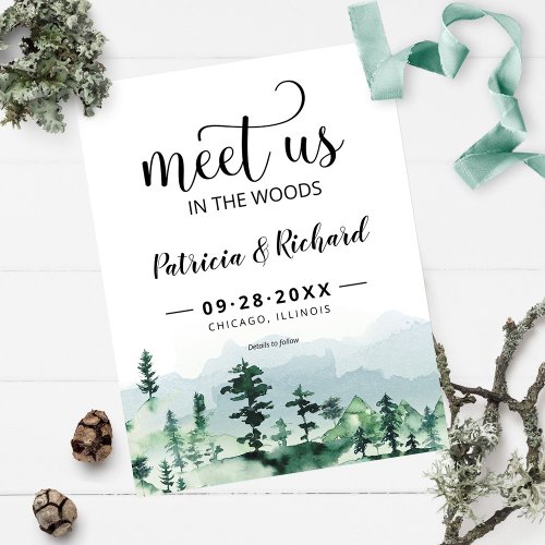 Meet Us In The Woods Outdoor Wedding Save The Date Postcard